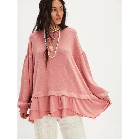 We the Free Sweaters - We The Free Coral Ruffled Hem Long Sleeve Top L 100% Cotton by Free People